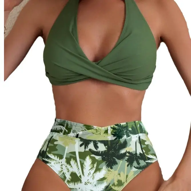 2023 Green Tropical Print High Waist Women's Bikini Set - Image 9