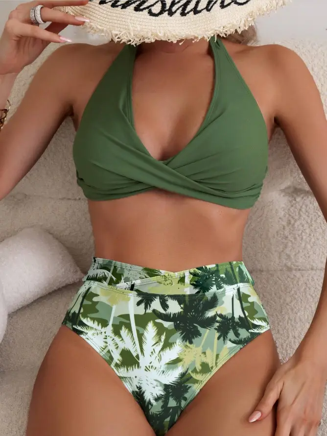 2023 Green Tropical Print High Waist Women's Bikini Set - Image 4