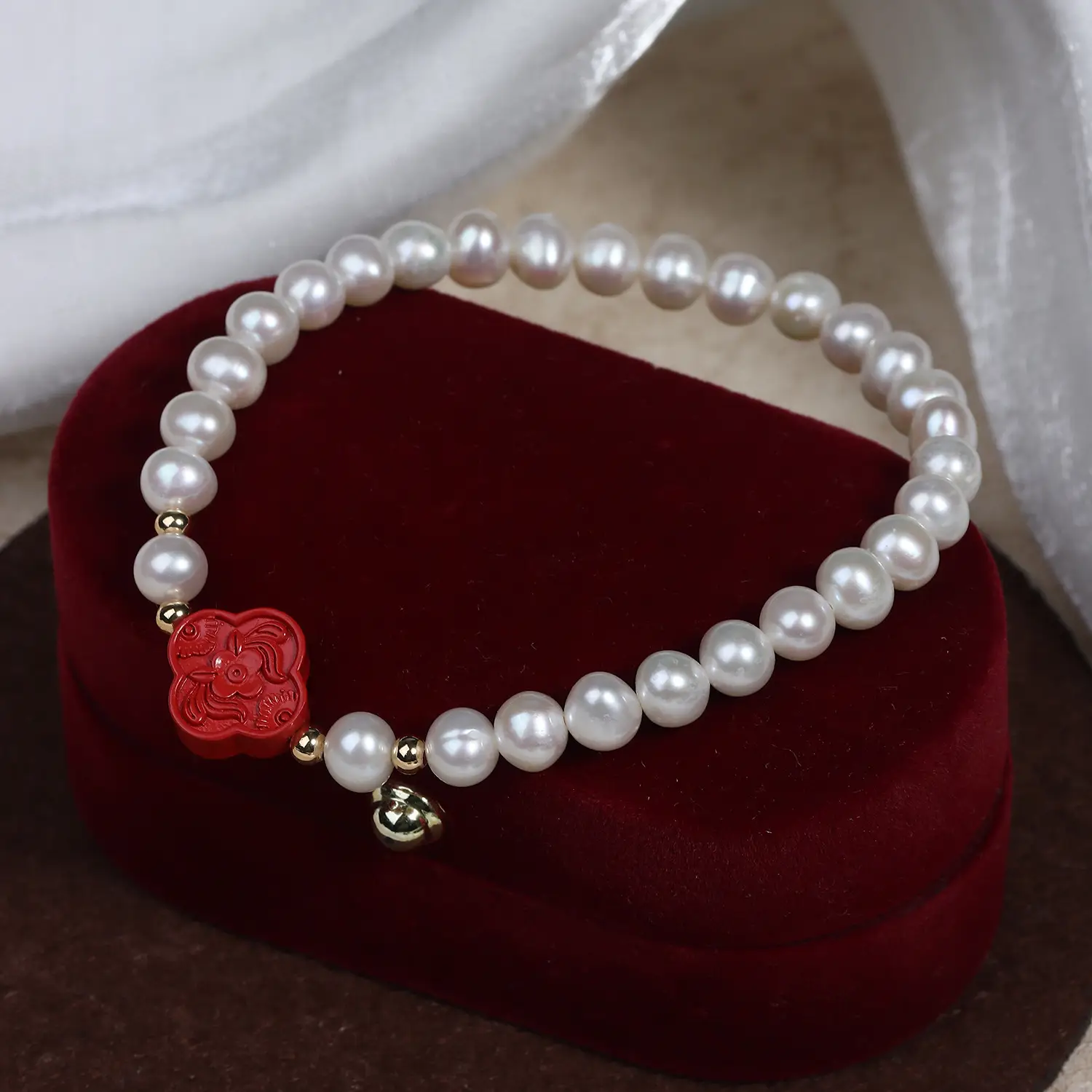 New Red Cinnabar Pearl Bracelet Chinese Style Wholesale - Image 3