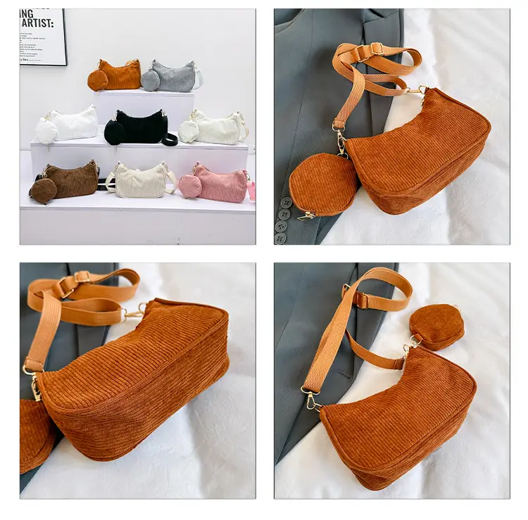 Women's Grey Corduroy Shoulder Bag 2023 New Arrival — feature 9