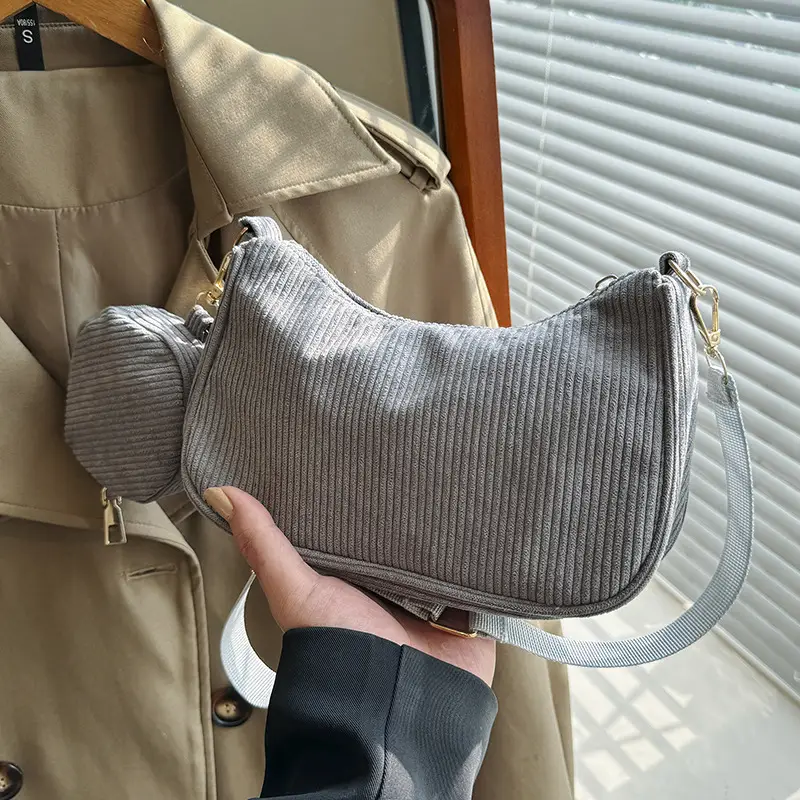 Women's Grey Corduroy Shoulder Bag 2023 New Arrival - Image 4
