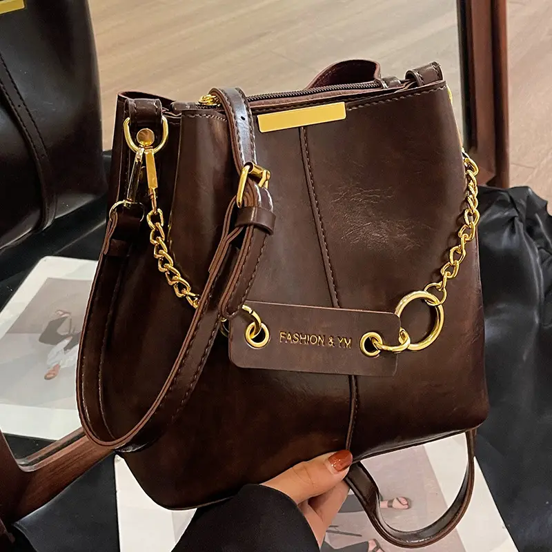 Women's Brown Crossbody Bag with Gold Chain & Leather Strap - Image 6