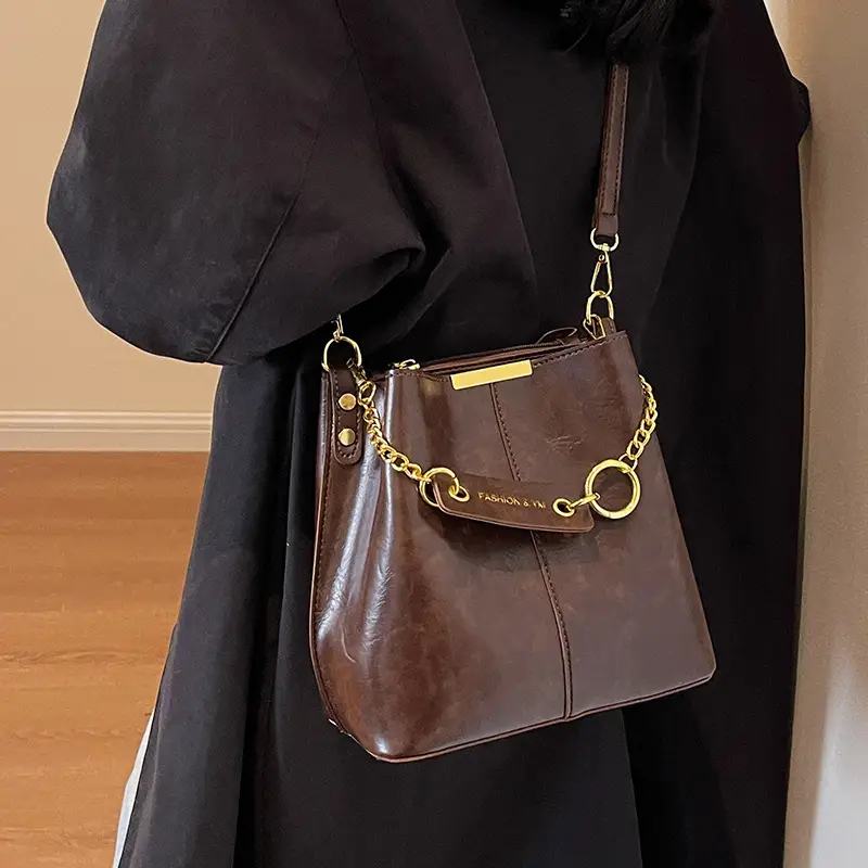 Women's Brown Crossbody Bag with Gold Chain & Leather Strap - Image 7