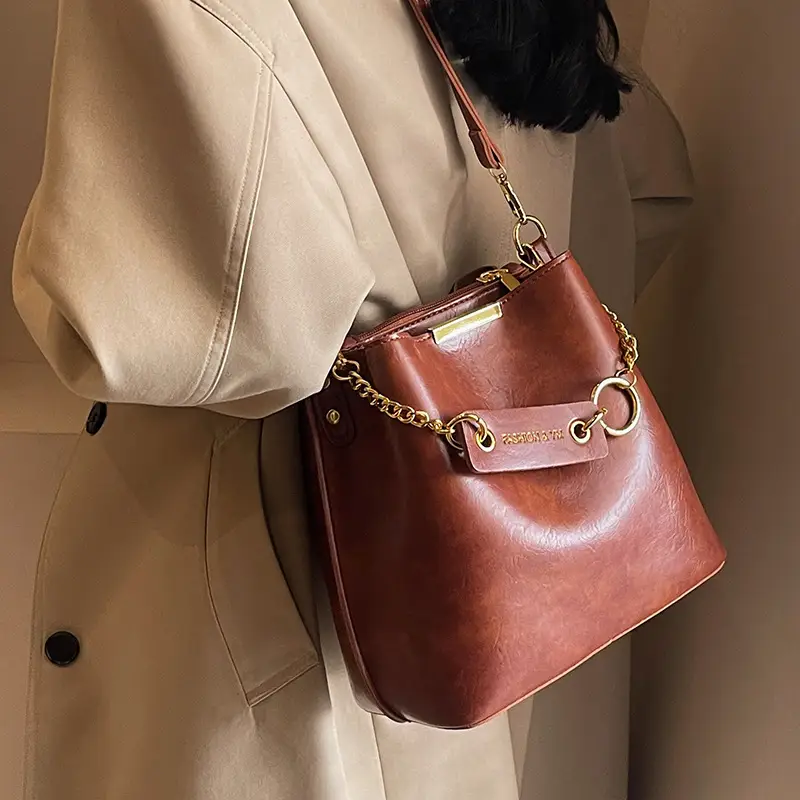 Women's Brown Crossbody Bag with Gold Chain & Leather Strap - Image 8