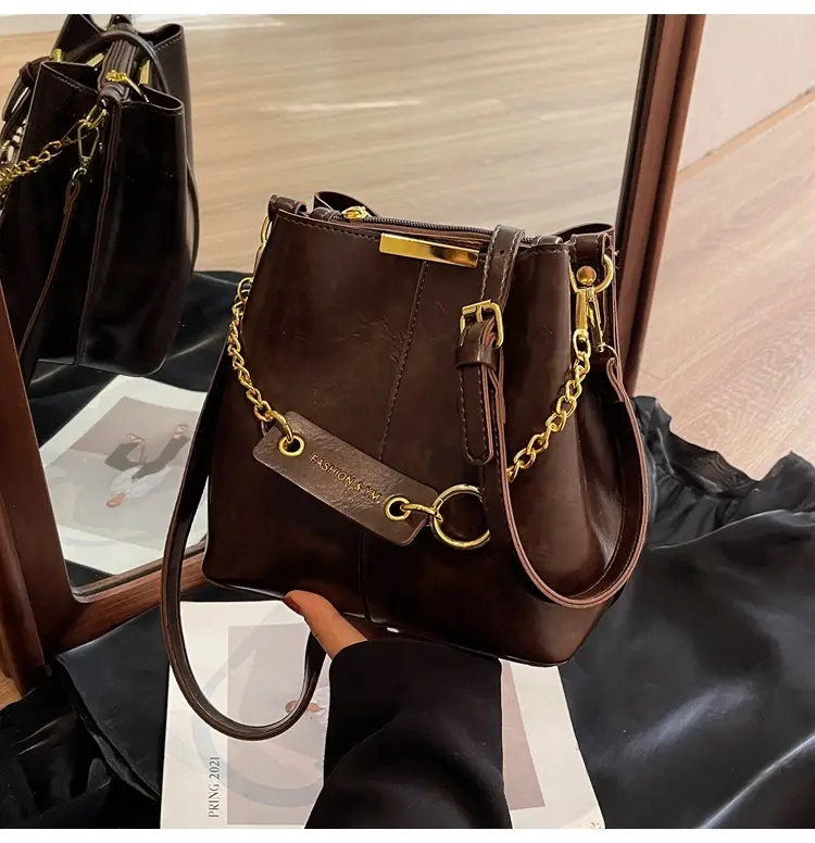 Women's Brown Crossbody Bag with Gold Chain & Leather Strap — feature 35