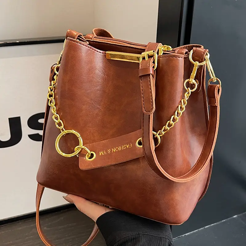 Women's Brown Crossbody Bag with Gold Chain & Leather Strap - Image 2