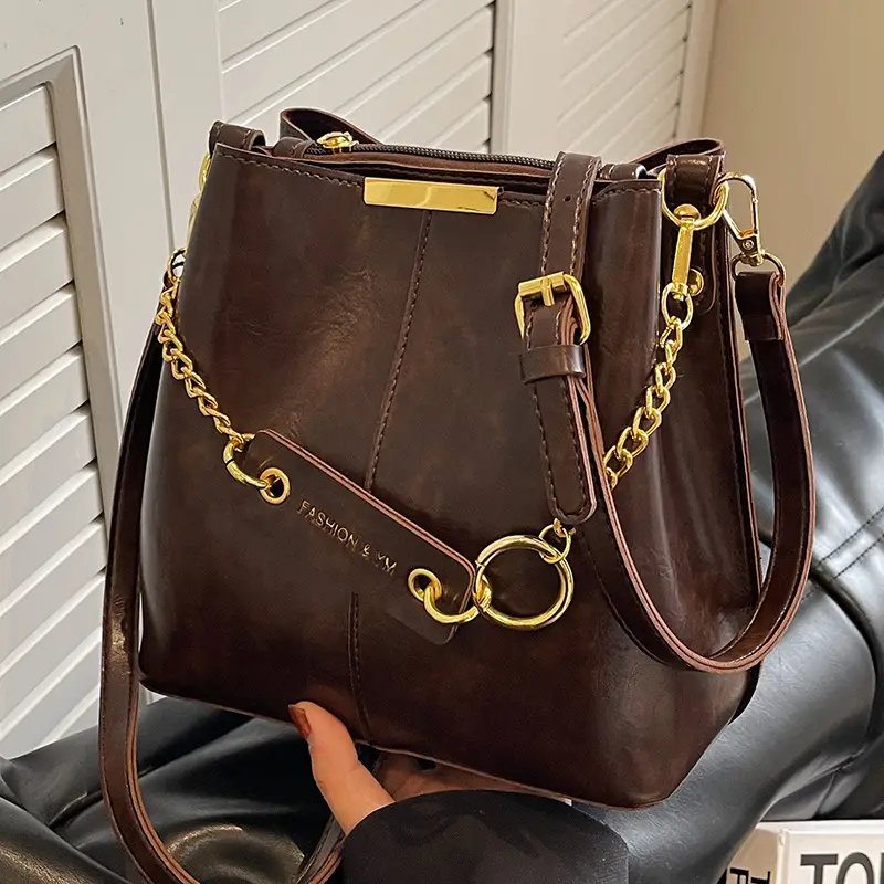 Women's Brown Crossbody Bag with Gold Chain & Leather Strap - Image 3