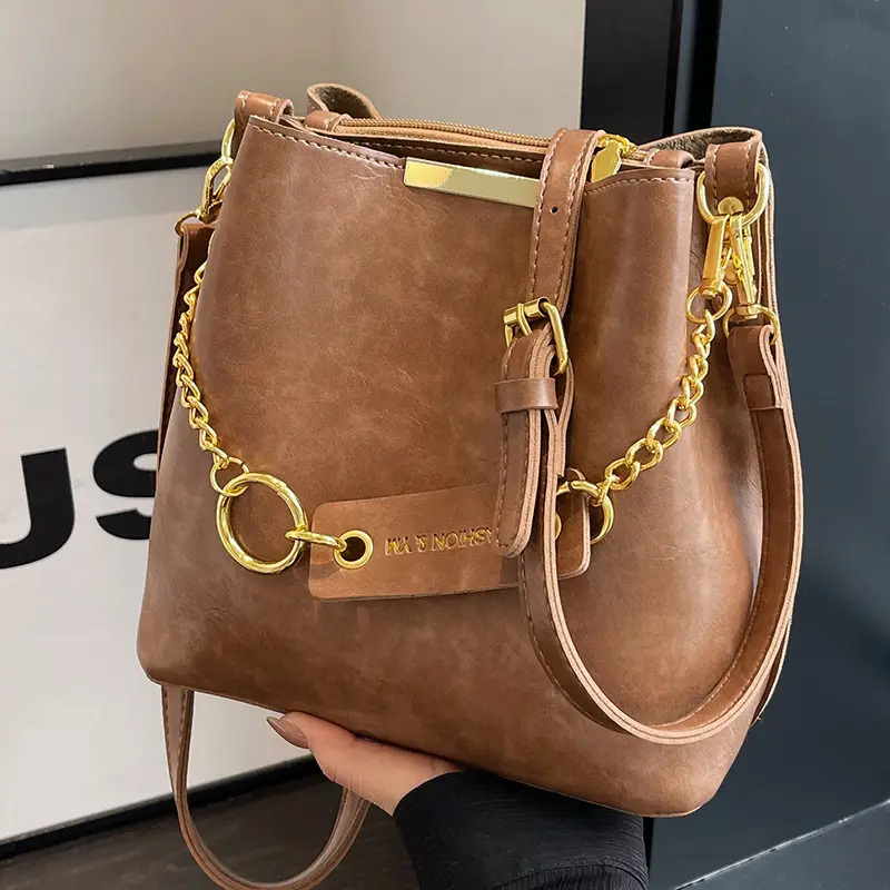 Women's Brown Crossbody Bag with Gold Chain & Leather Strap - Image 4