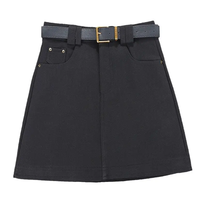 Brown High Waist Slimming Skirt with Belt - Image 7