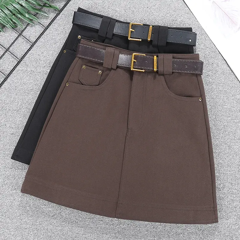 Brown High Waist Slimming Skirt with Belt — feature 1