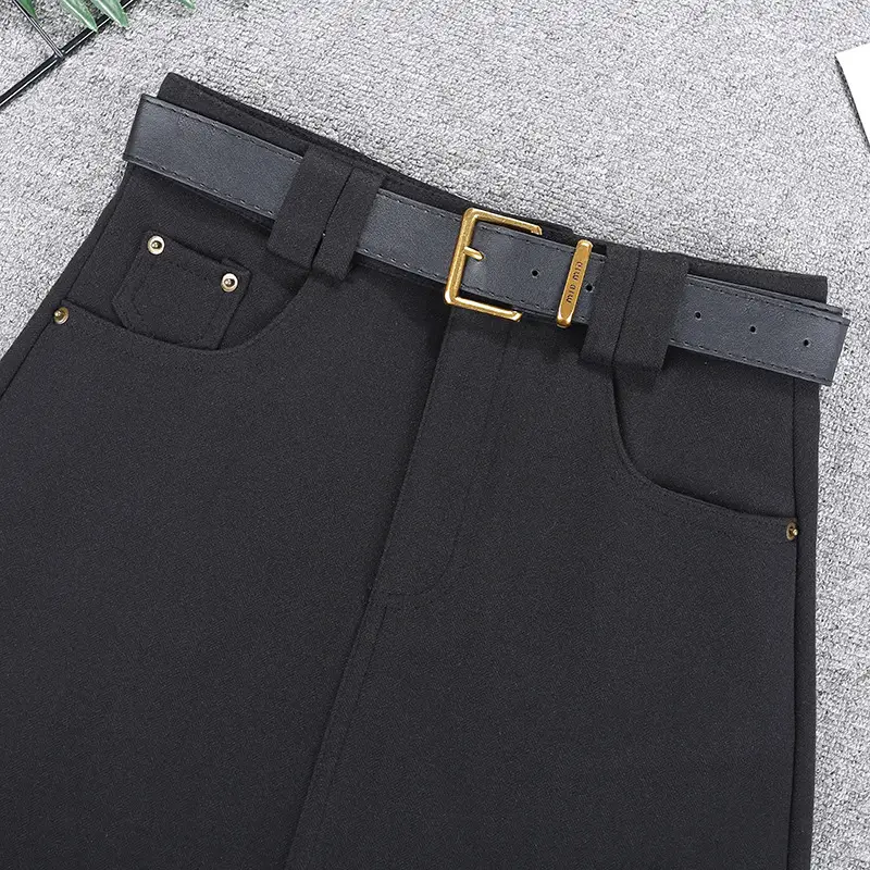Brown High Waist Slimming Skirt with Belt — feature 5