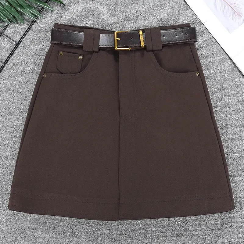 Brown High Waist Slimming Skirt with Belt - Image 2