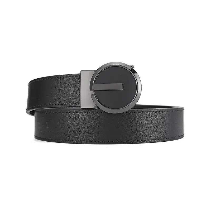 Men's Black Leather Belt with Silver Automatic Buckle — feature 1