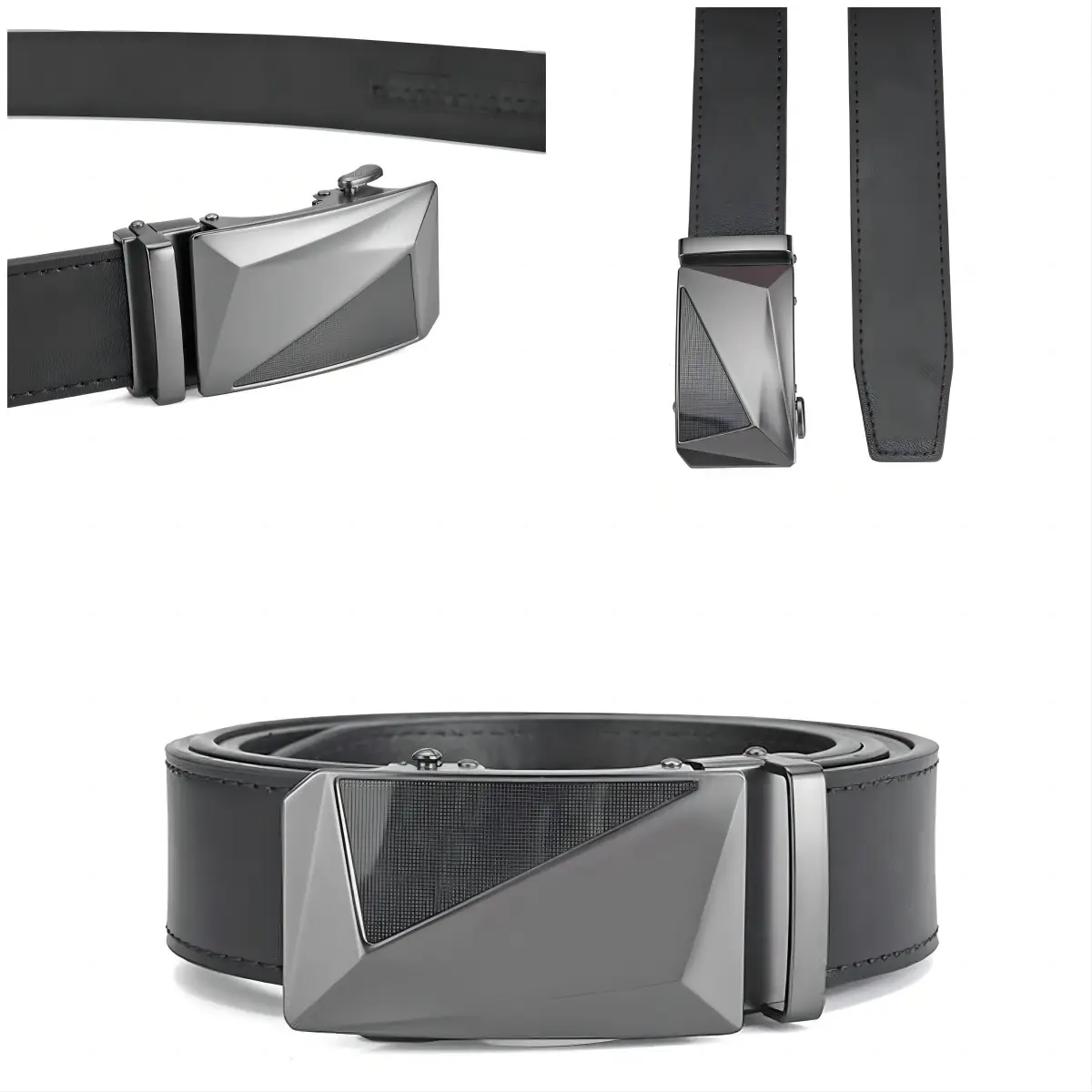 Men's Black Leather Belt with Silver Automatic Buckle — feature 10