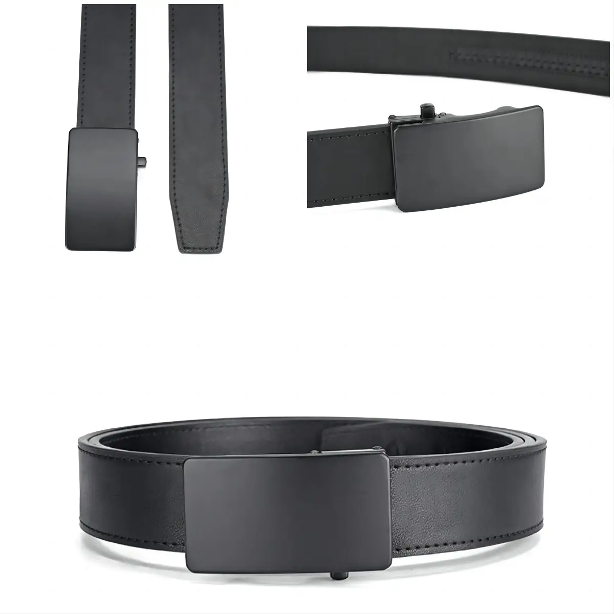 Men's Black Leather Belt with Silver Automatic Buckle — feature 11