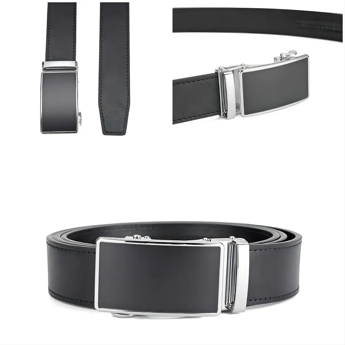 Men's Black Leather Belt with Silver Automatic Buckle — feature 12