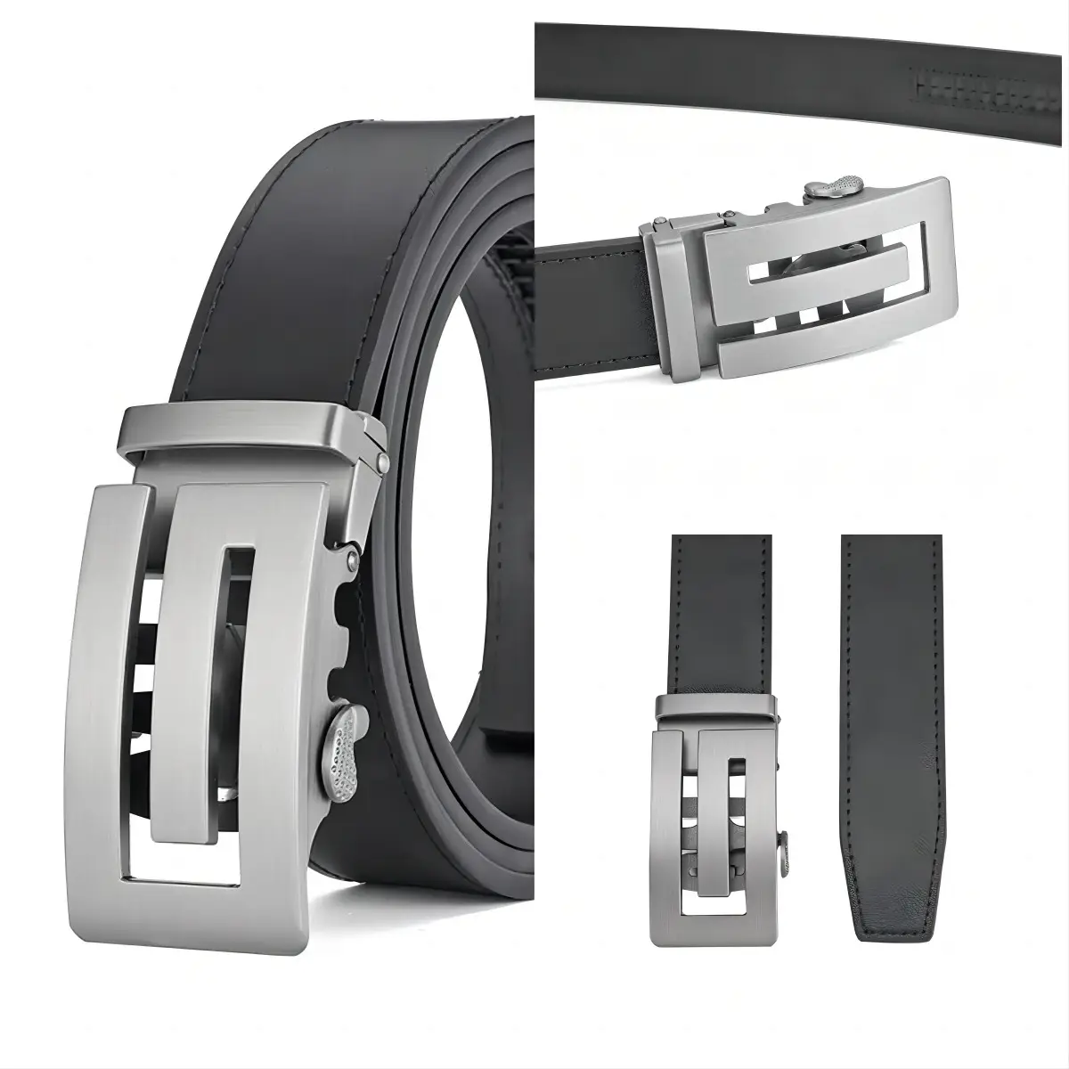 Men's Black Leather Belt with Silver Automatic Buckle — feature 13