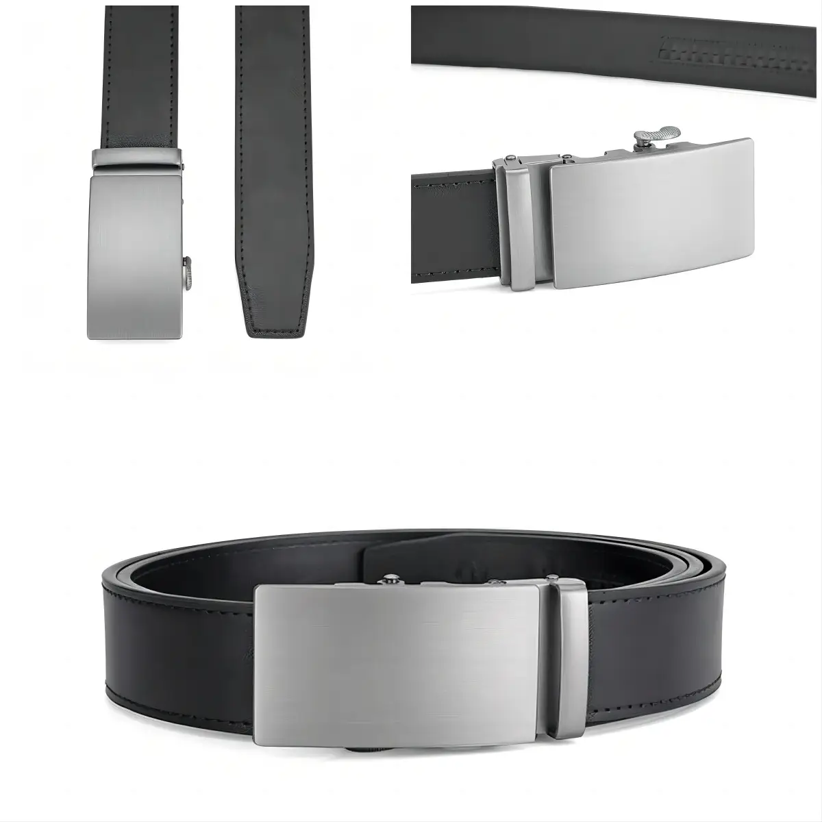 Men's Black Leather Belt with Silver Automatic Buckle — feature 14