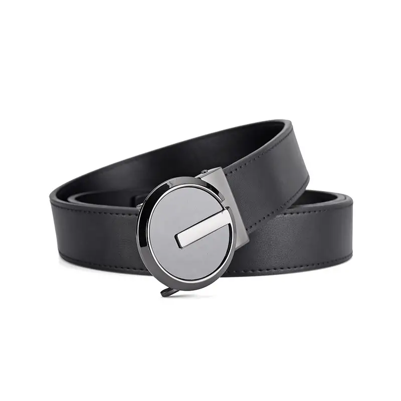 Men's Black Leather Belt with Silver Automatic Buckle — feature 2