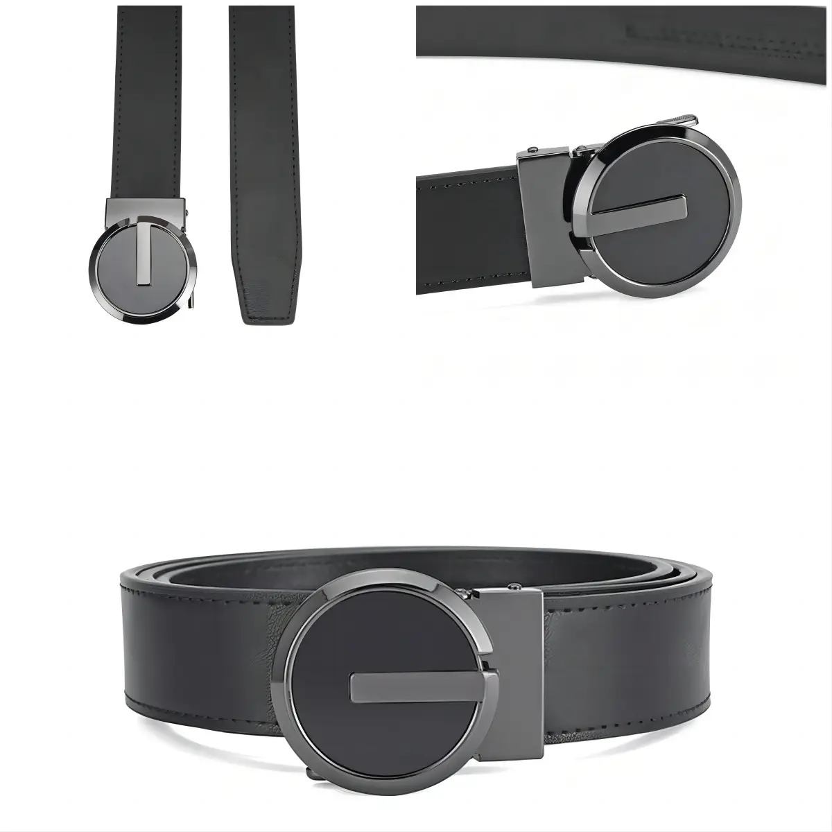 Men's Black Leather Belt with Silver Automatic Buckle — feature 6