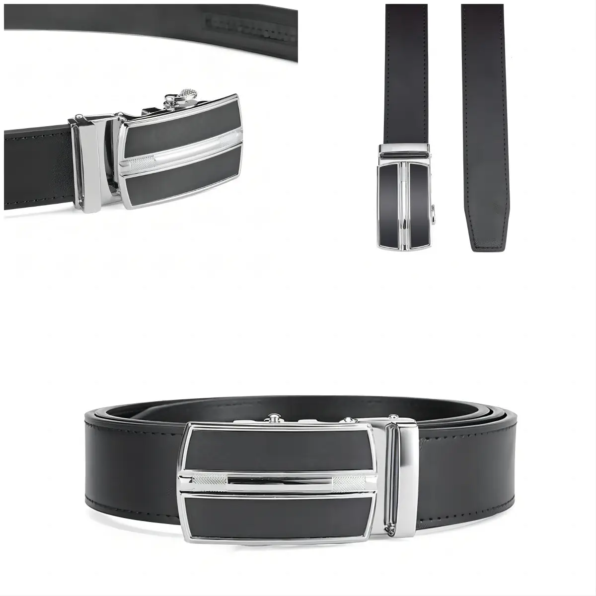 Men's Black Leather Belt with Silver Automatic Buckle — feature 7