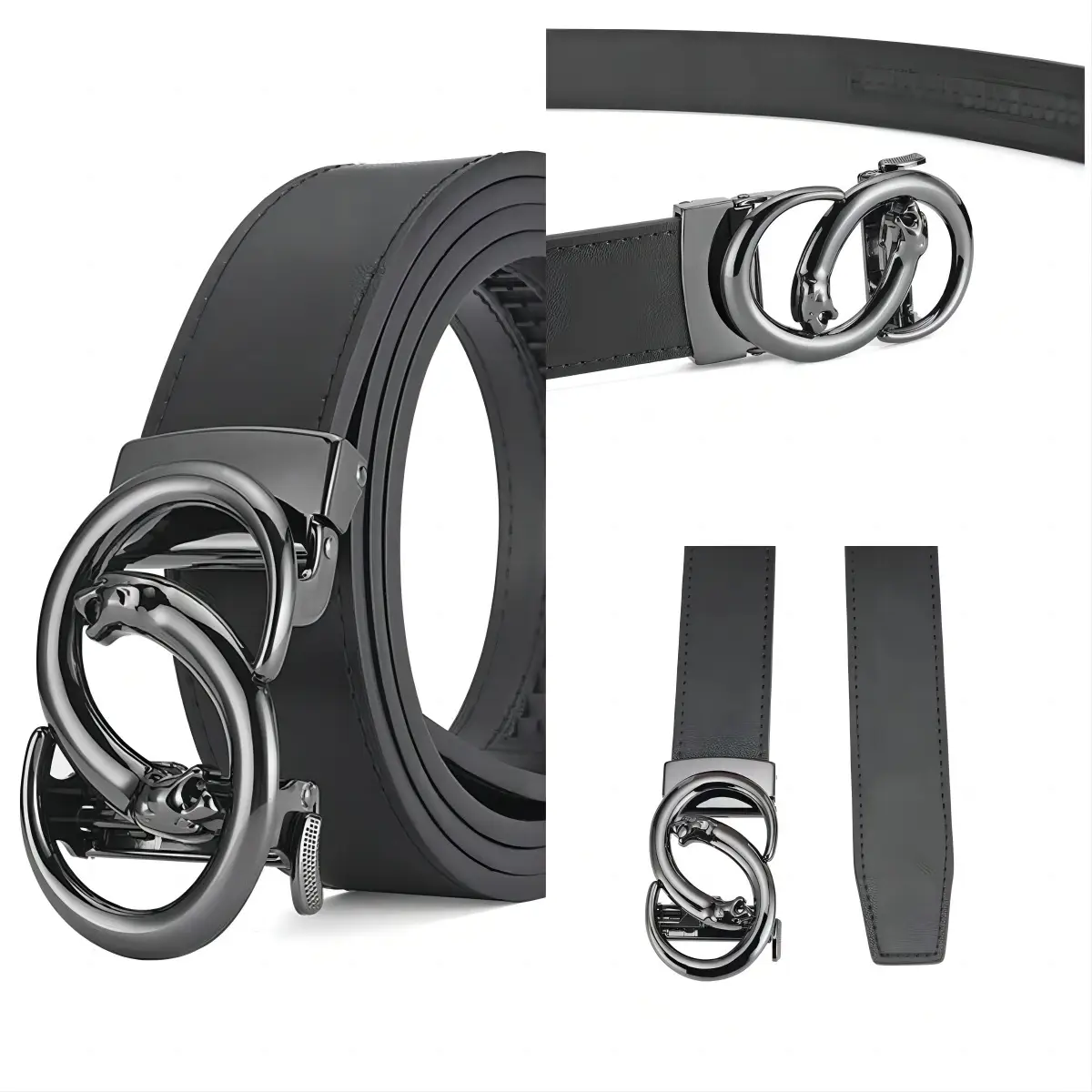 Men's Black Leather Belt with Silver Automatic Buckle — feature 8