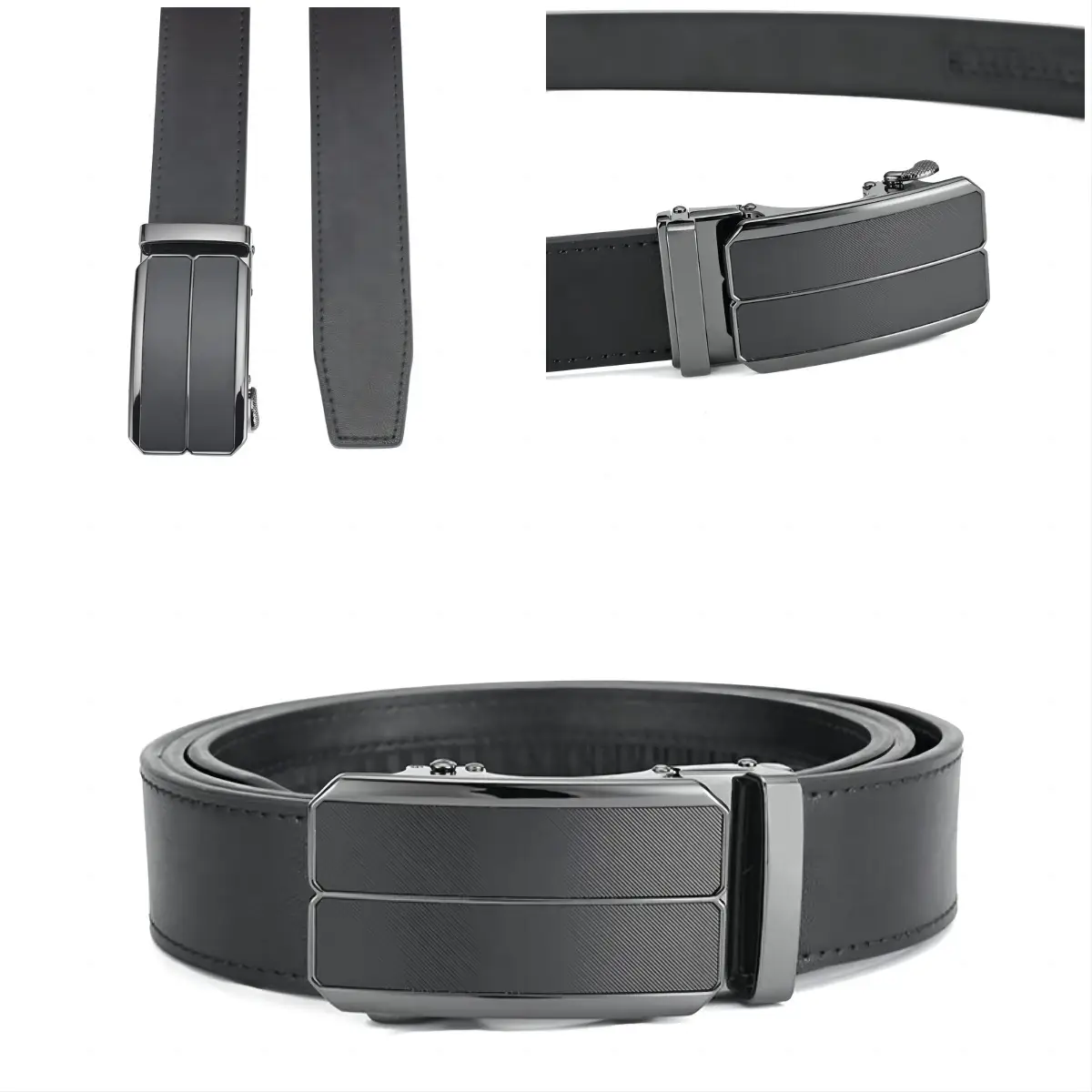 Men's Black Leather Belt with Silver Automatic Buckle — feature 9