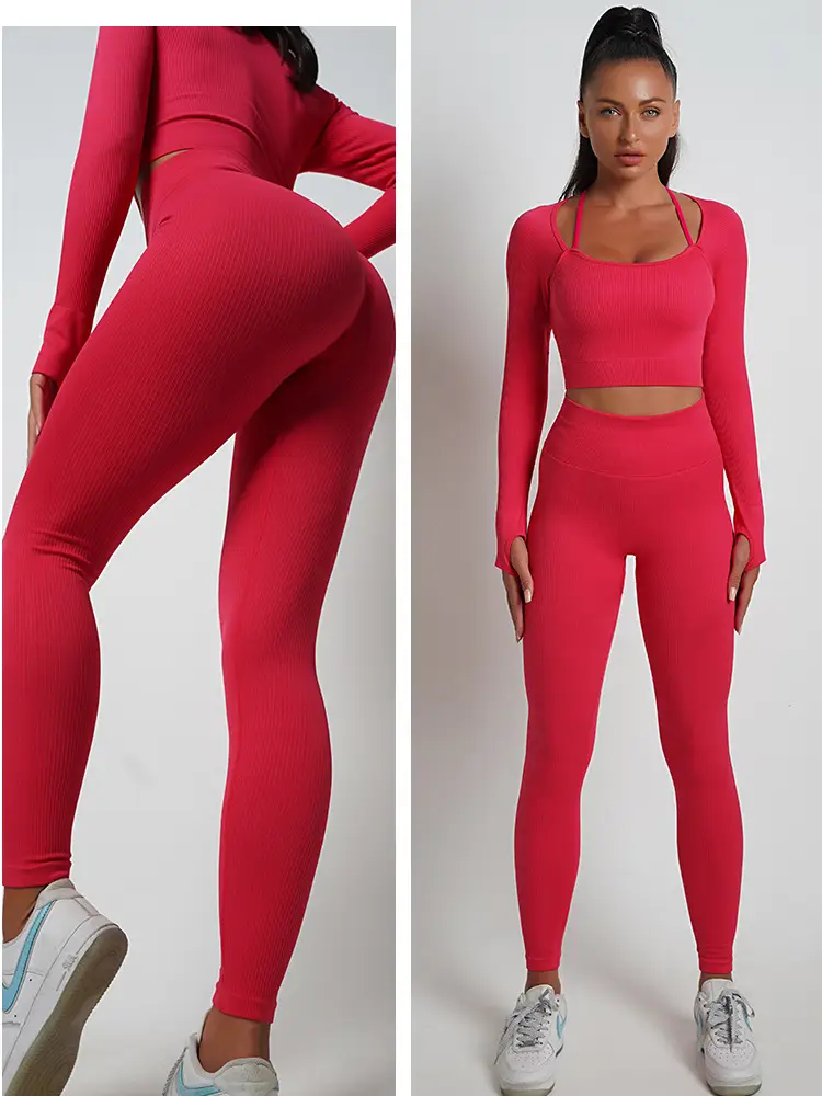 Red Seamless Yoga Top with High Waist & Chest Pad — feature 23