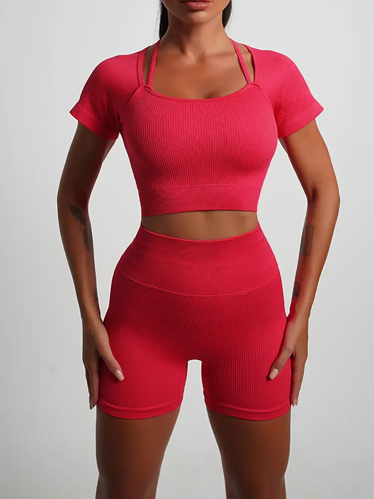 Red Seamless Yoga Top with High Waist & Chest Pad — feature 26