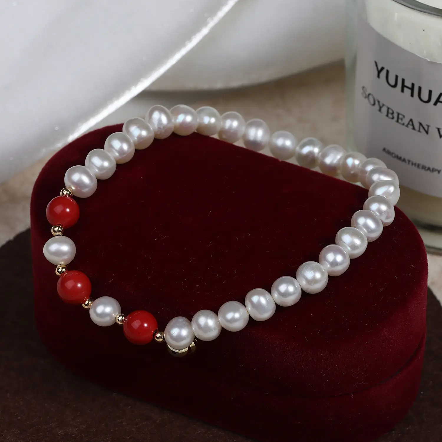 Natural Freshwater Pearl Cinnabar Beads Bracelet - Image 3