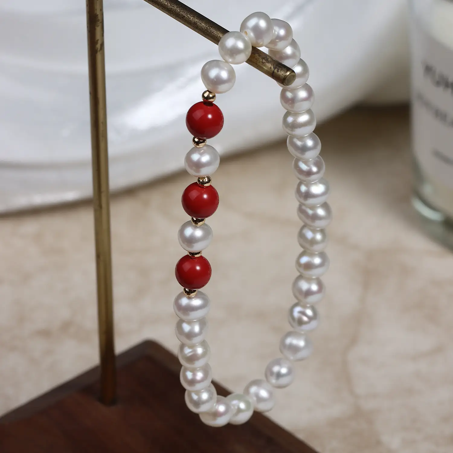 Natural Freshwater Pearl Cinnabar Beads Bracelet - Image 4