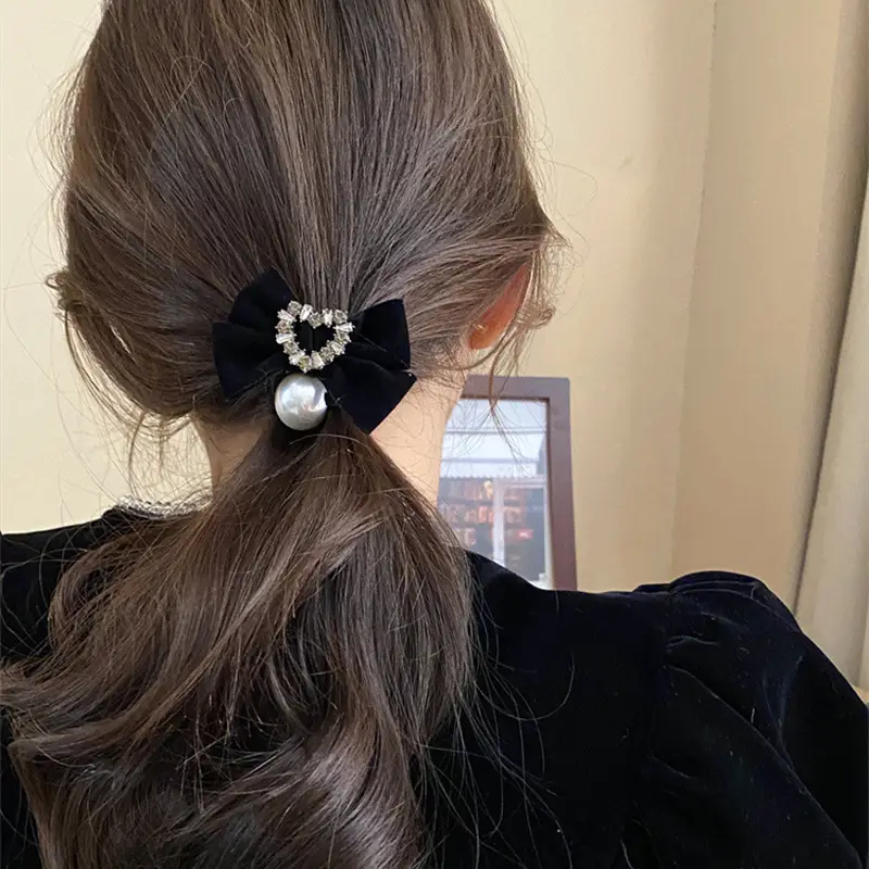 Vintage Velvet Bow Pearl Hair Ring for Women
