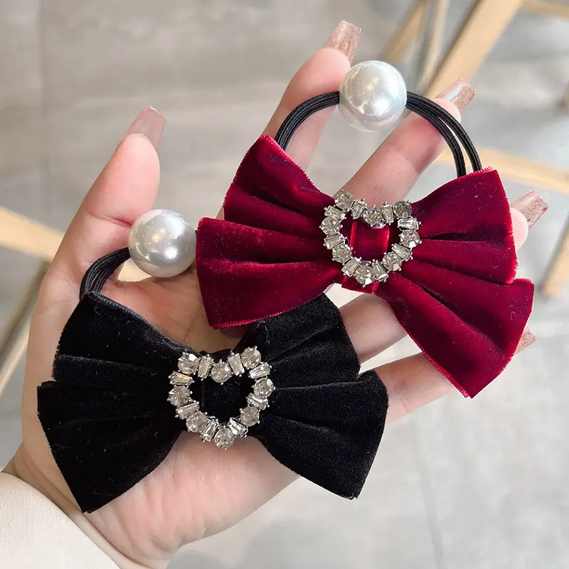 Vintage Velvet Bow Pearl Hair Ring for Women — feature 11