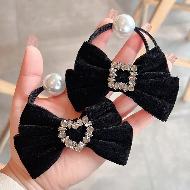 Vintage Velvet Bow Pearl Hair Ring for Women — feature 12