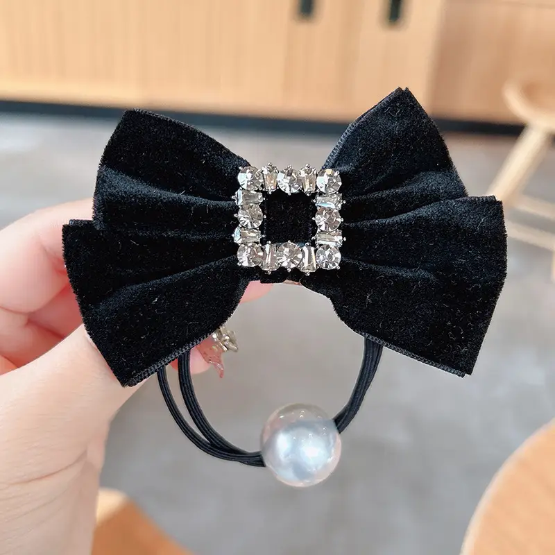 Vintage Velvet Bow Pearl Hair Ring for Women — feature 14