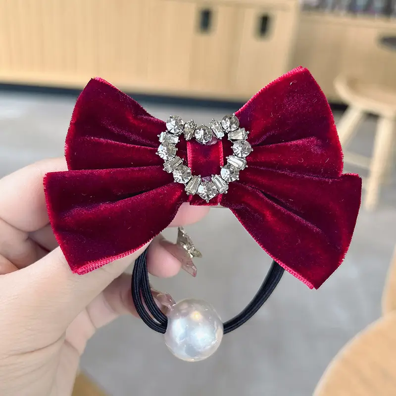 Vintage Velvet Bow Pearl Hair Ring for Women — feature 9