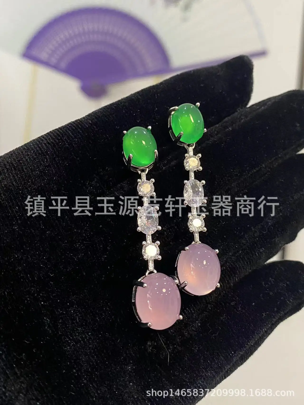 Natural Chalcedony Yang Green Earrings with Pink & Silver Plating - Image 7