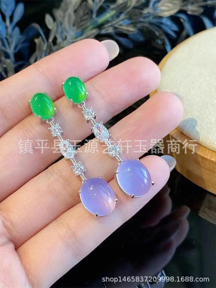 Natural Chalcedony Yang Green Earrings with Pink & Silver Plating — feature 2