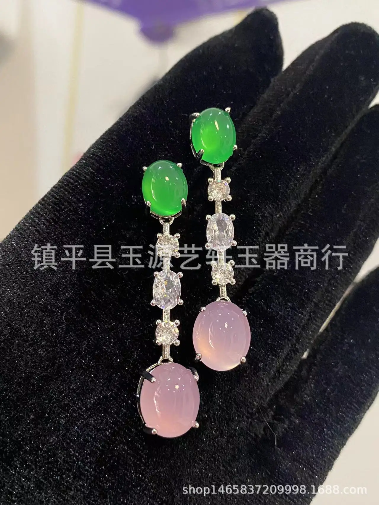 Natural Chalcedony Yang Green Earrings with Pink & Silver Plating — feature 8