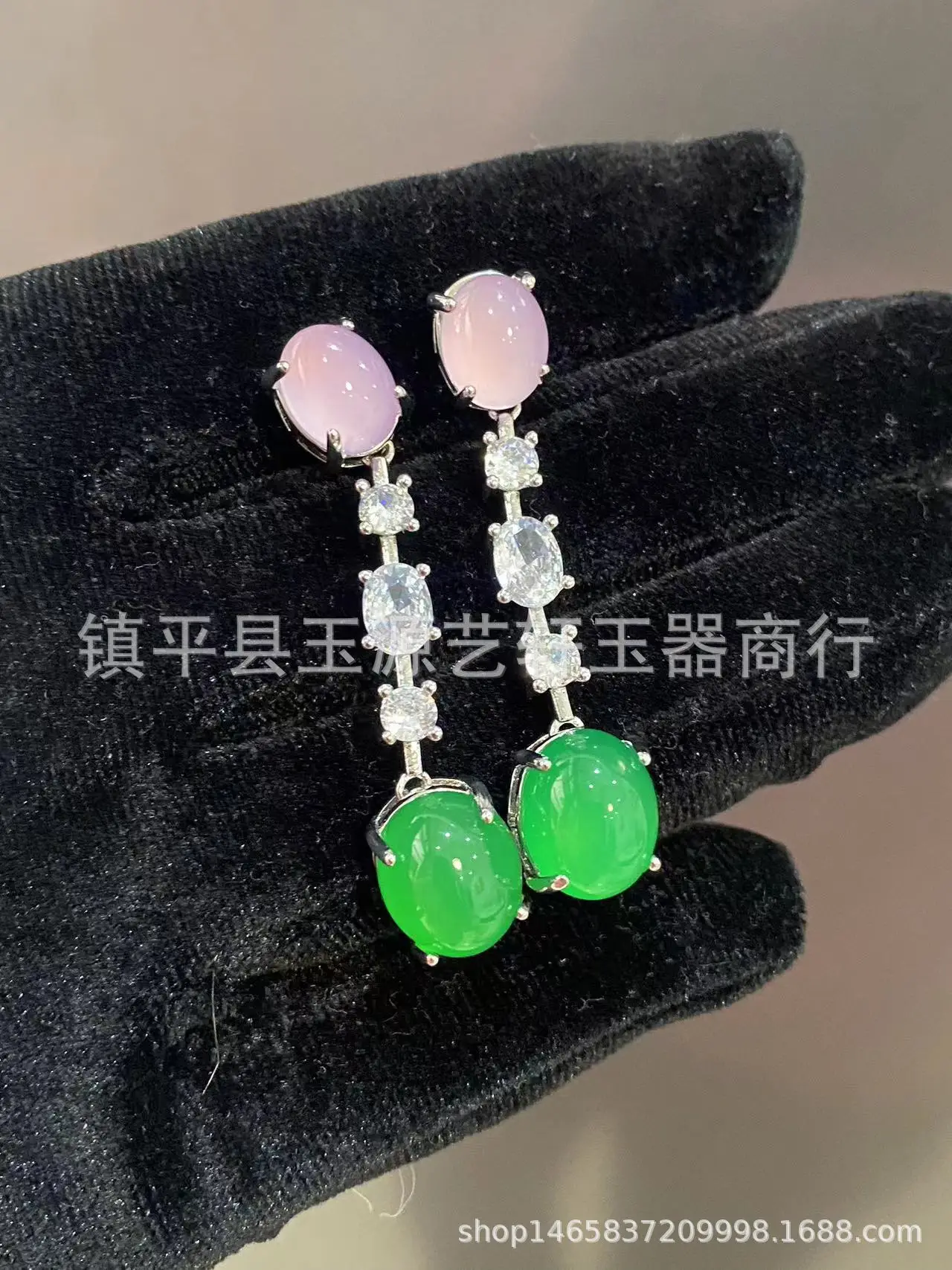 Natural Chalcedony Yang Green Earrings with Pink & Silver Plating - Image 4