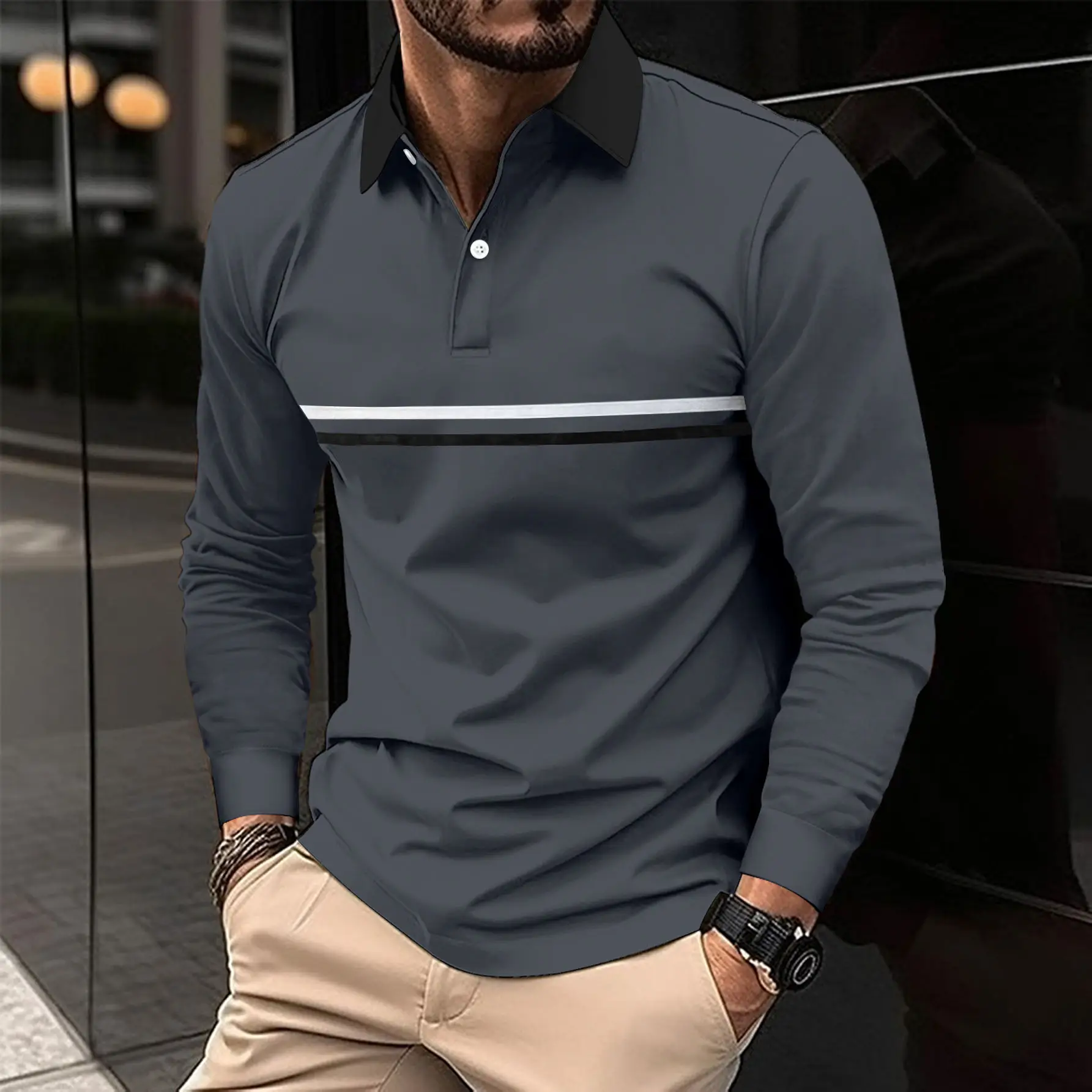 Men's White Polo Shirt with Yellow Stripes Long Sleeve