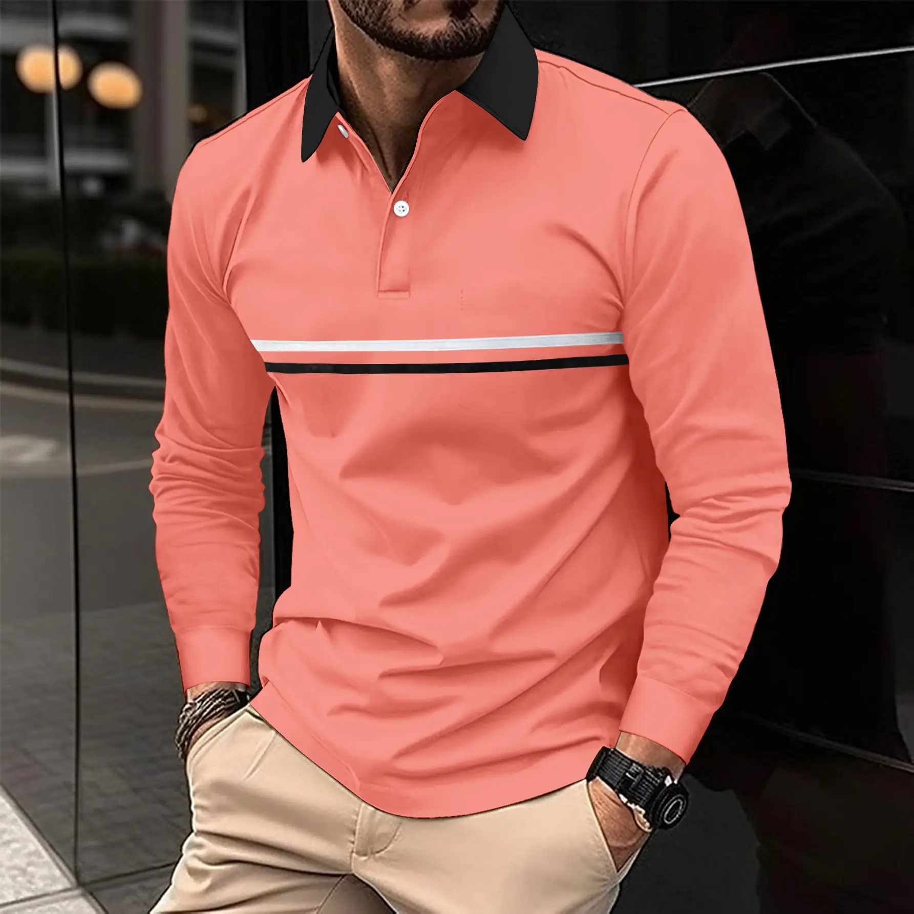 Men's White Polo Shirt with Yellow Stripes Long Sleeve