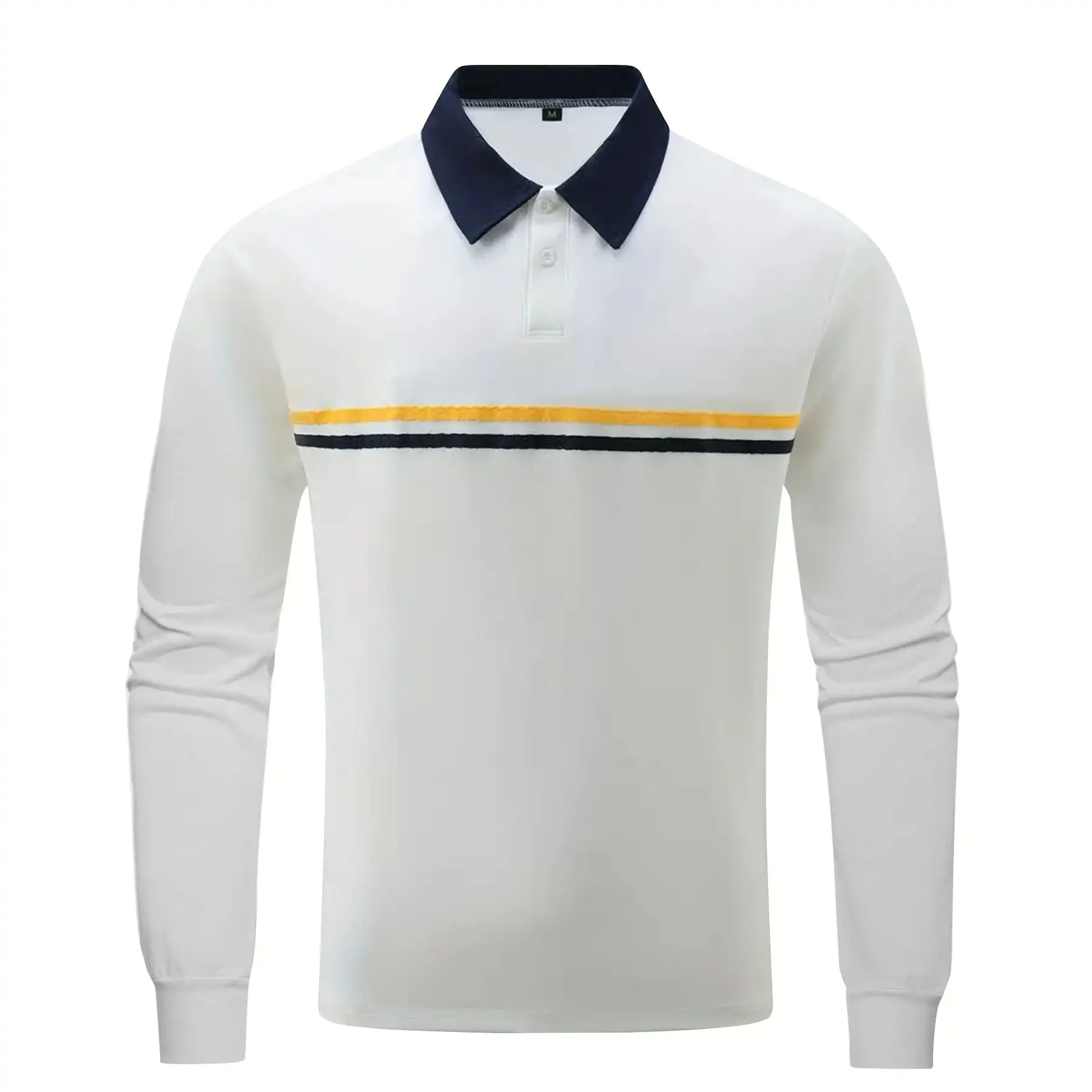 Men's White Polo Shirt with Yellow Stripes Long Sleeve