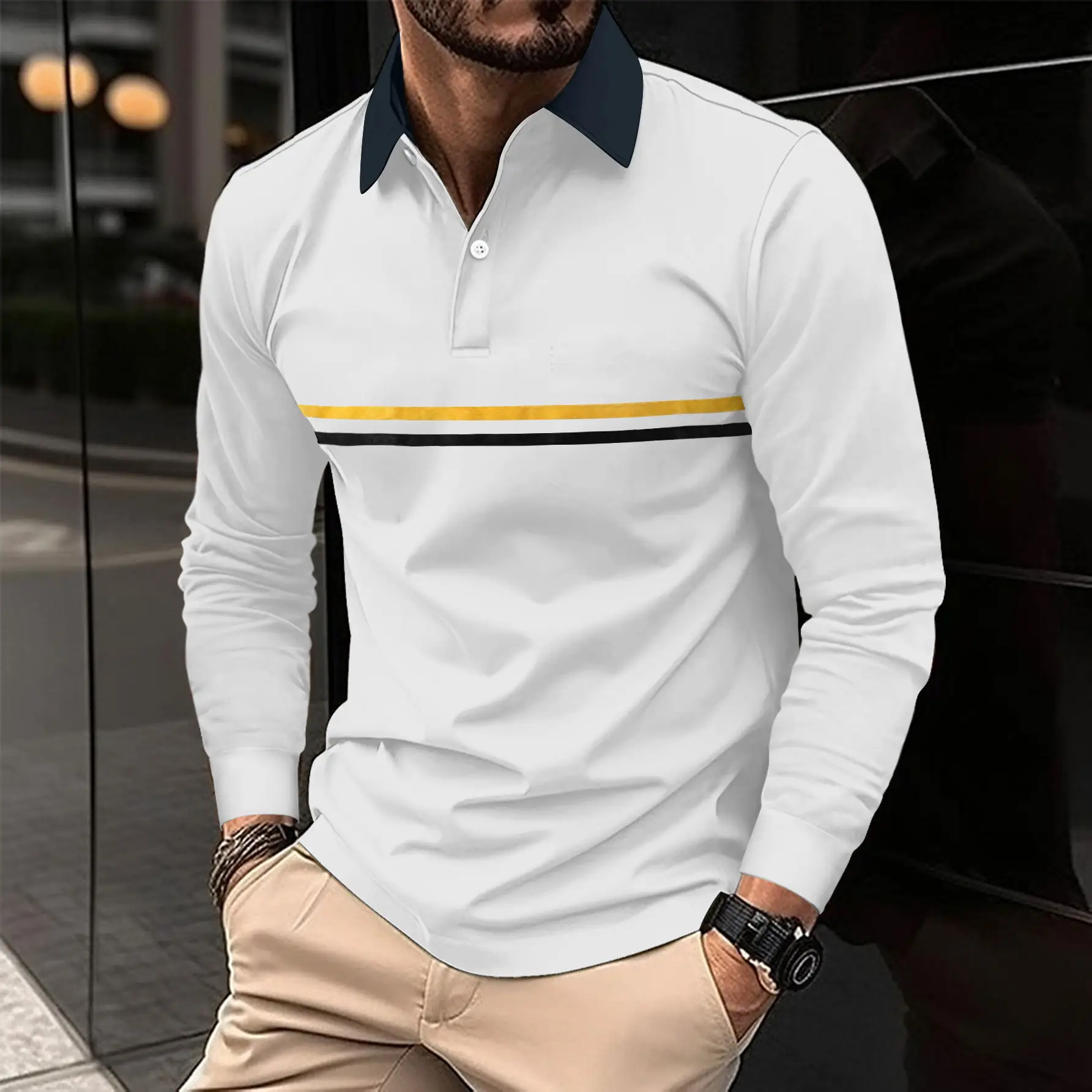 Men's White Polo Shirt with Yellow Stripes Long Sleeve — feature 4