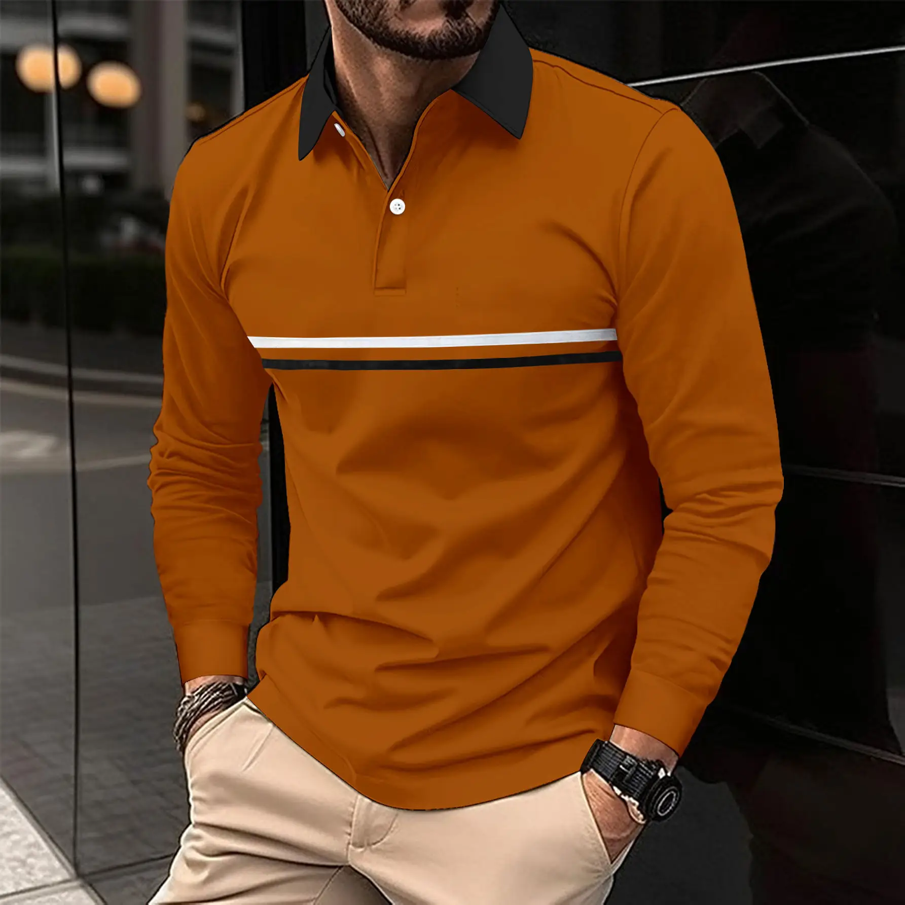 Men's White Polo Shirt with Yellow Stripes Long Sleeve — feature 8