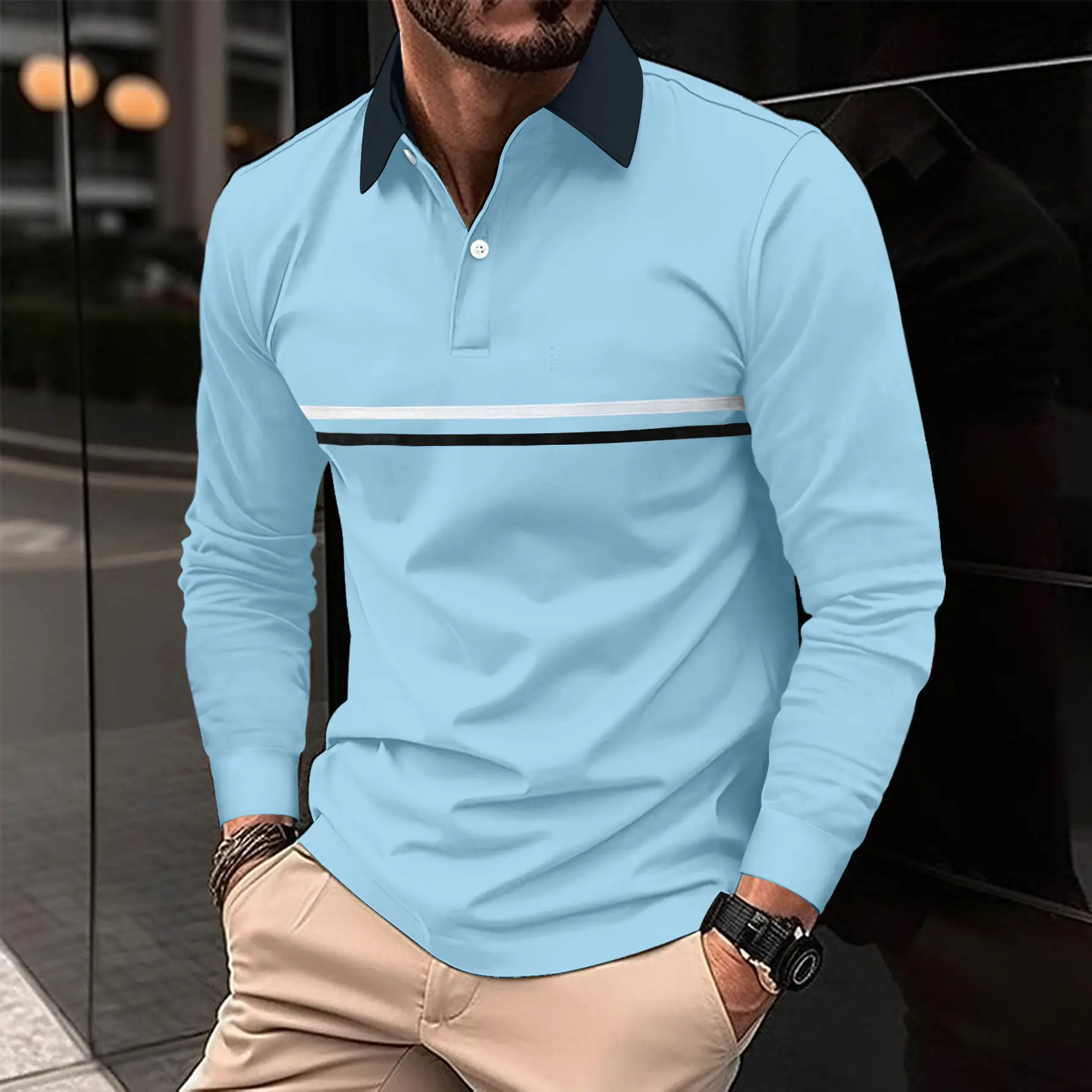 Men's White Polo Shirt with Yellow Stripes Long Sleeve — feature 9