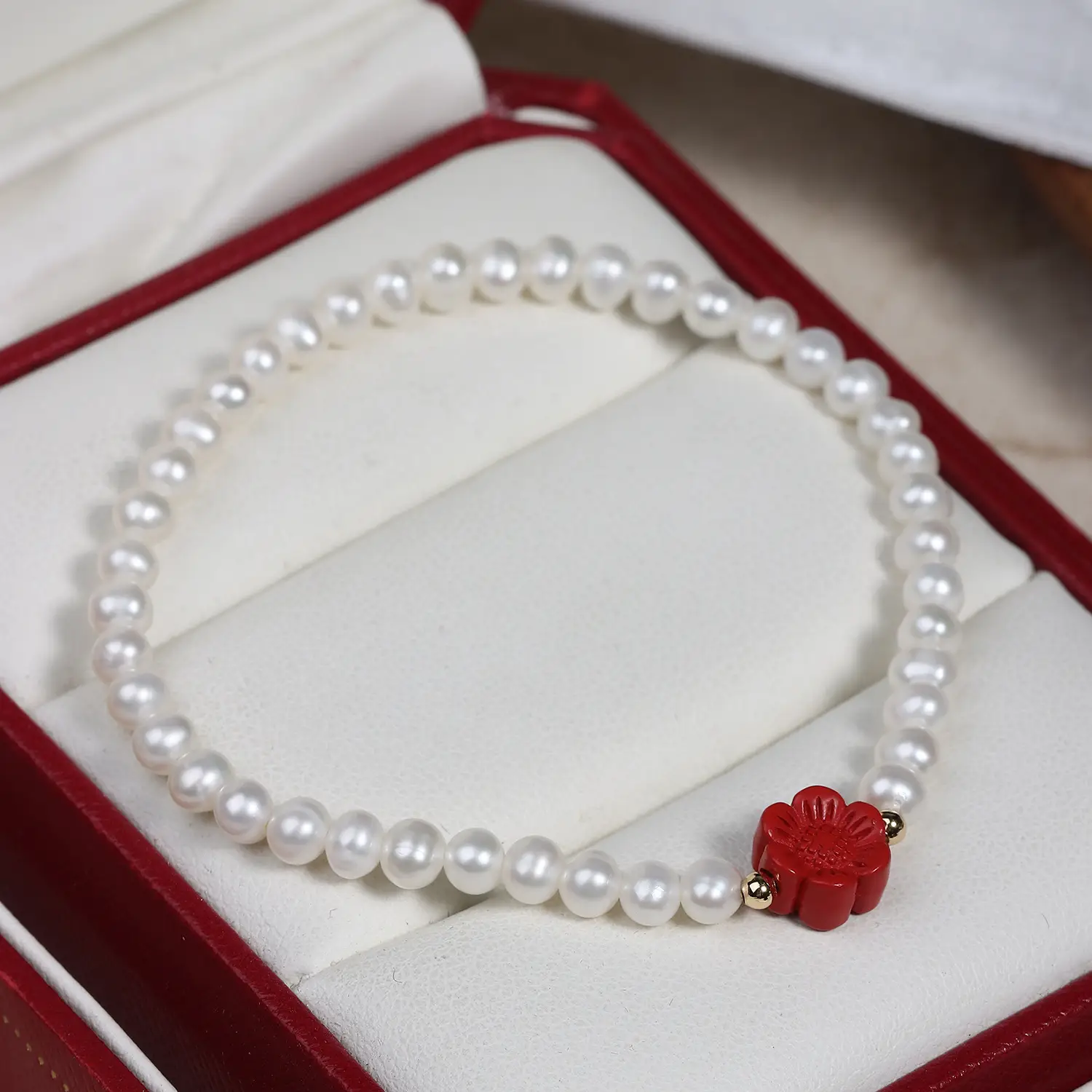 Small Red Flower Pearl Bracelet for Women - Image 3