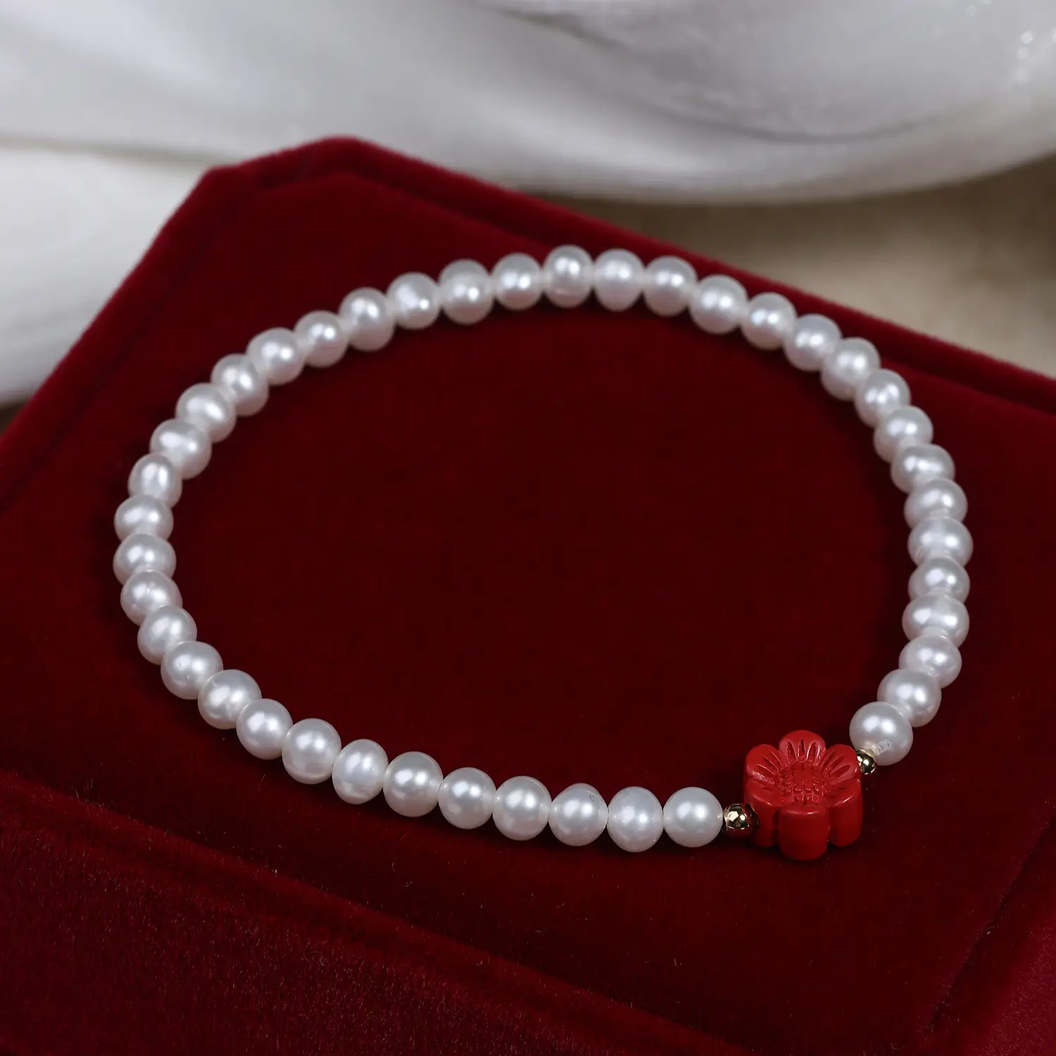 Small Red Flower Pearl Bracelet for Women - Image 4