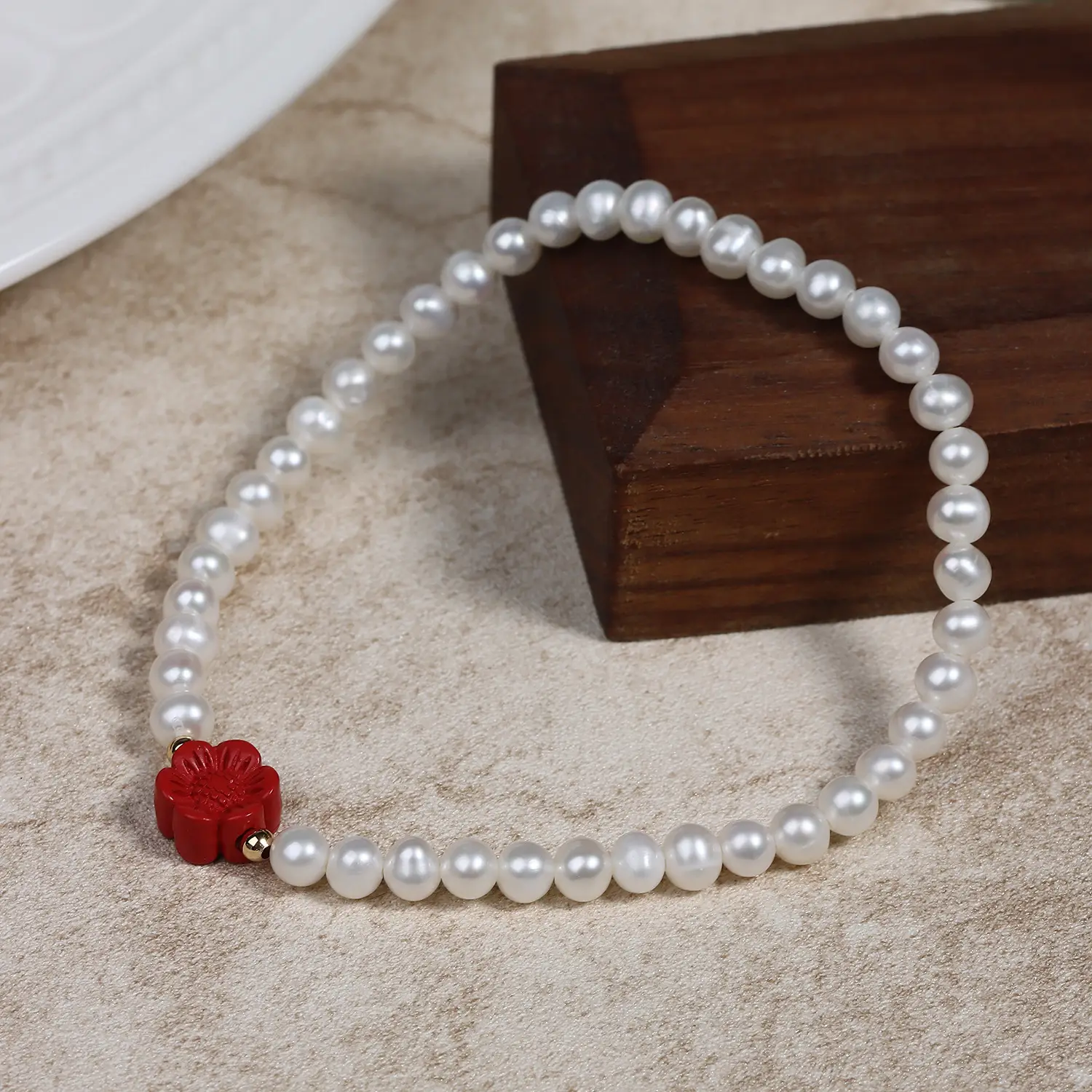 Small Red Flower Pearl Bracelet for Women - Image 6