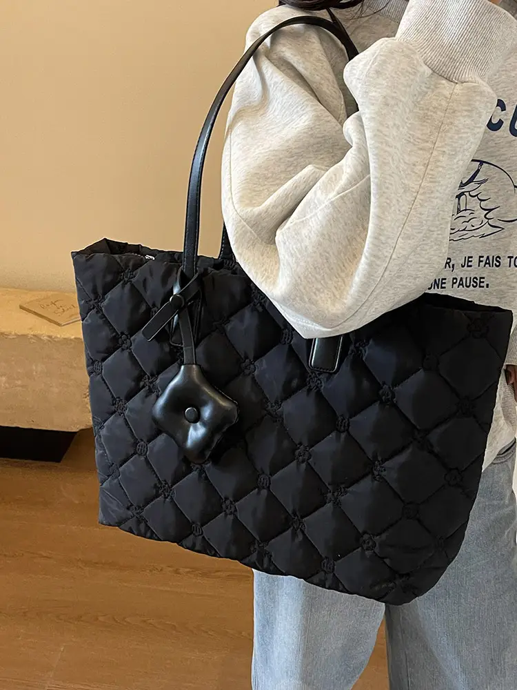 Women Quilted Cotton Commuter Bag Black Large Capacity - Image 5